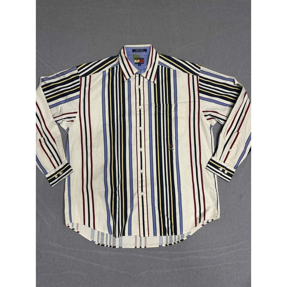 Tommy Hilfiger Mens Button Up Shirt M Multicolor Vertical Stripe Cotton Vintage